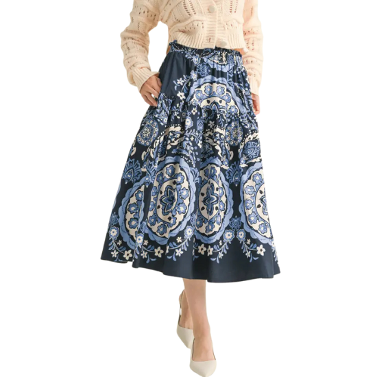 Navy Medallion Tiered Skirt