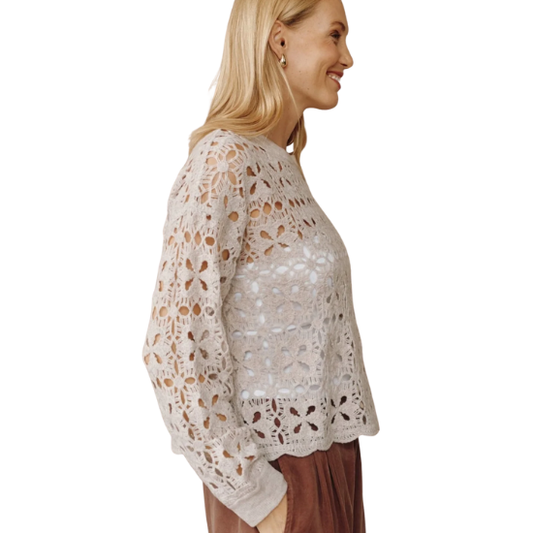 Almond Crochet Crew Neck Sweater