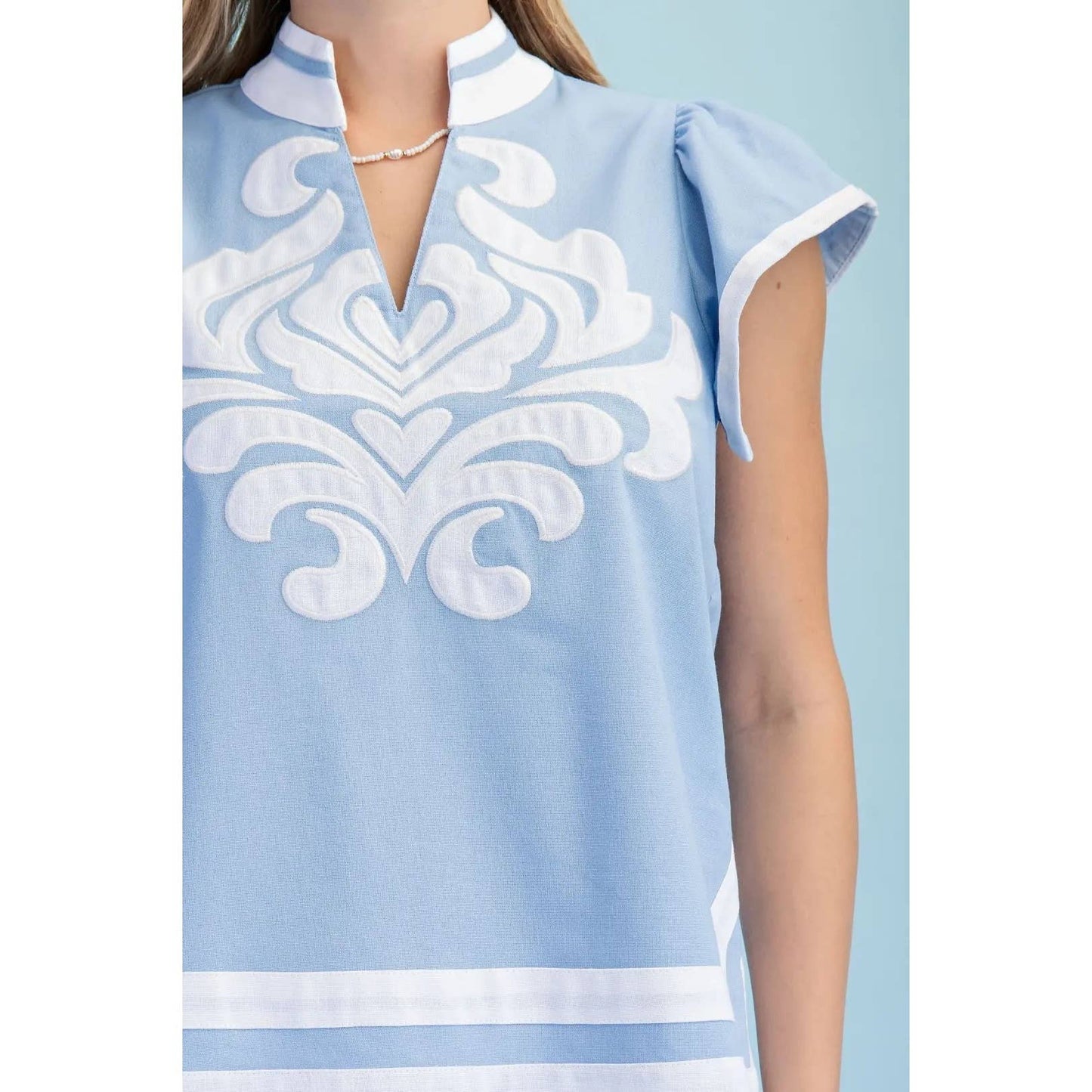 Embroidered Applique Design V-Neck Top
