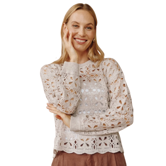 Almond Crochet Crew Neck Sweater