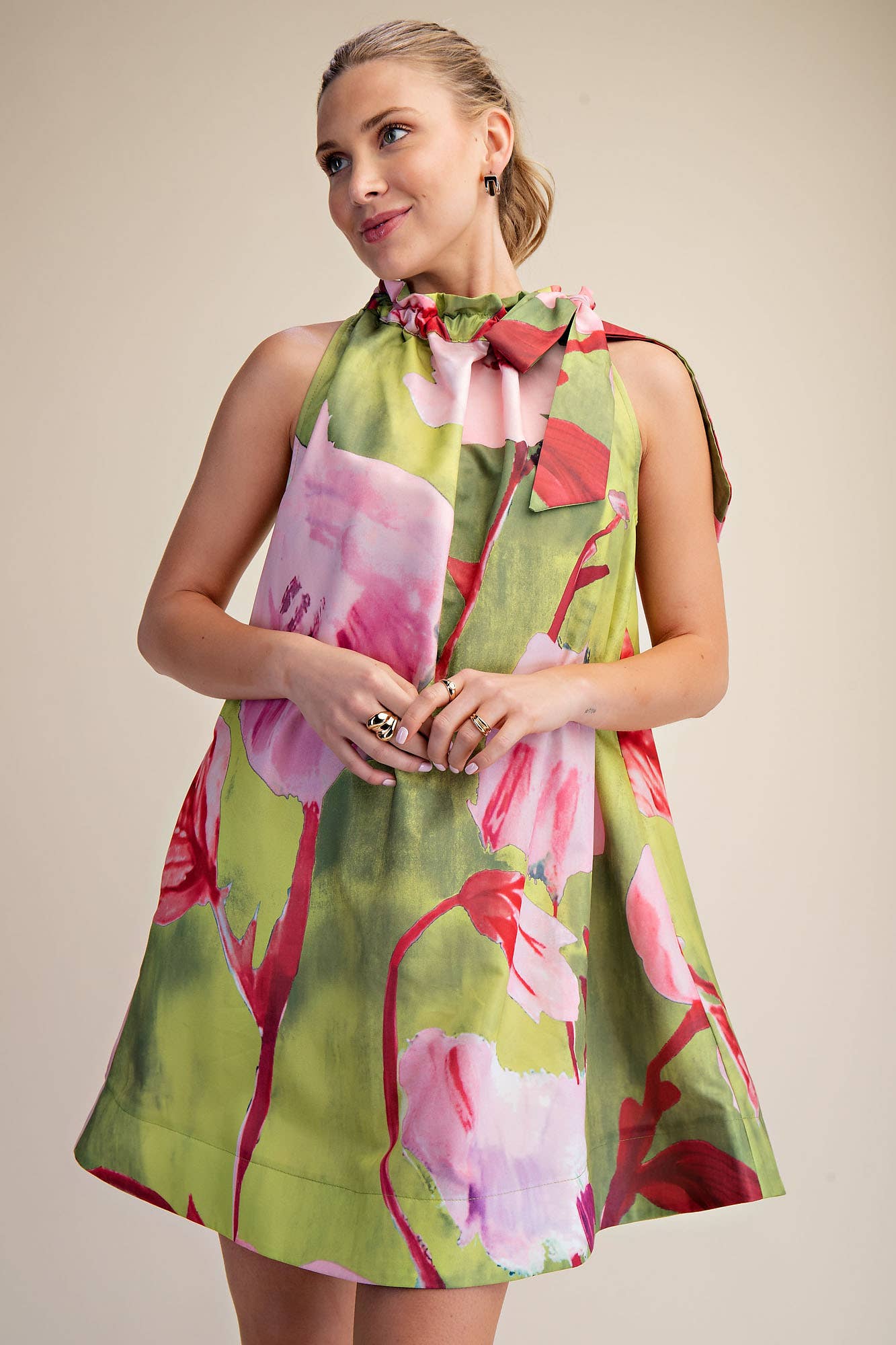 Mini Dress Ruffle Neck Tie Sleeveless Floral Print