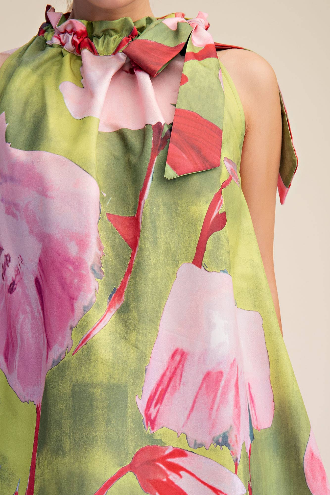 Mini Dress Ruffle Neck Tie Sleeveless Floral Print
