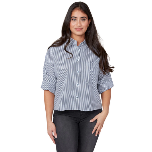 Blue + White Striped Button Down Blouse