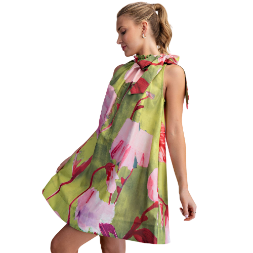 Mini Dress Ruffle Neck Tie Sleeveless Floral Print
