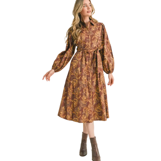 Auburn Brown Bubble Hem Midi Dress