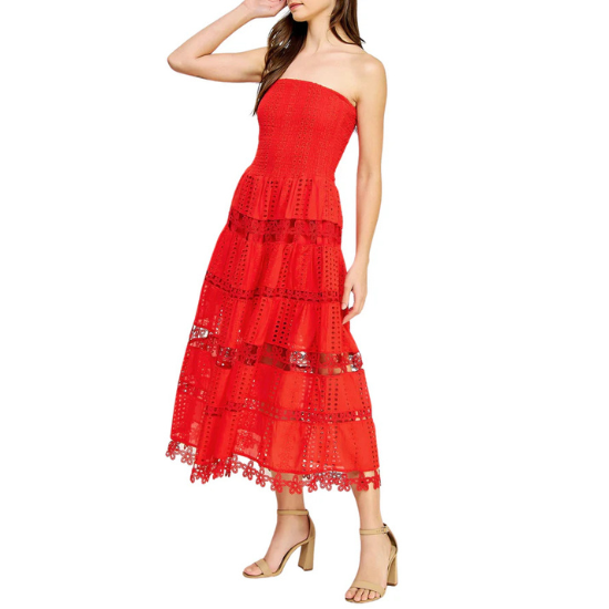 Red Eyelet Lace Tube Dress