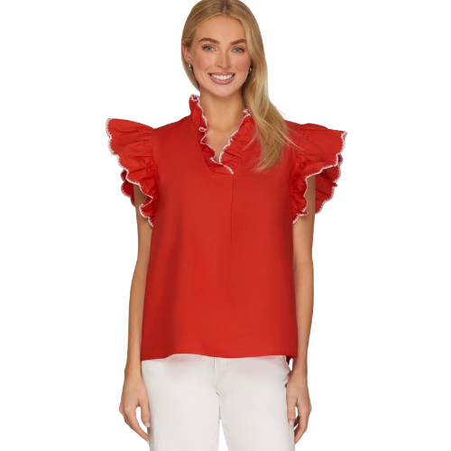Embroidered Ruffle Sleeve Top