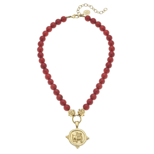 Gold Bulldog on Genuine Red Necklace