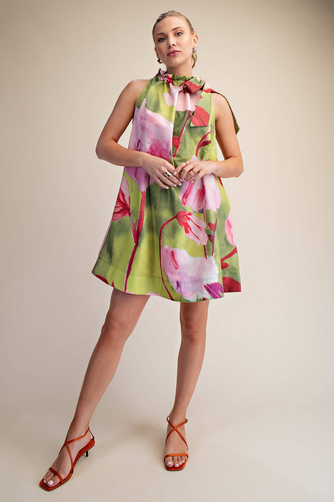 Mini Dress Ruffle Neck Tie Sleeveless Floral Print